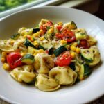 Close-up of Tortellini With Summer Veggies featuring zucchini, cherry tomatoes, and corn, topped with Parmesan.