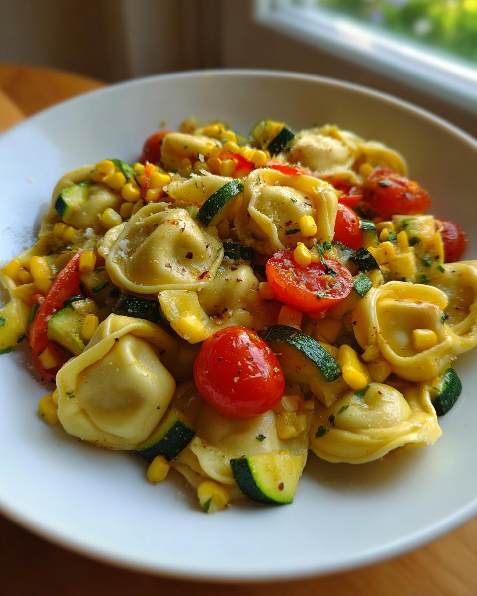 A close-up of Tortellini With Summer Veggies featuring tortellini pasta mixed with bright red cherry tomatoes, green zucchini chunks, and yellow corn kernels.