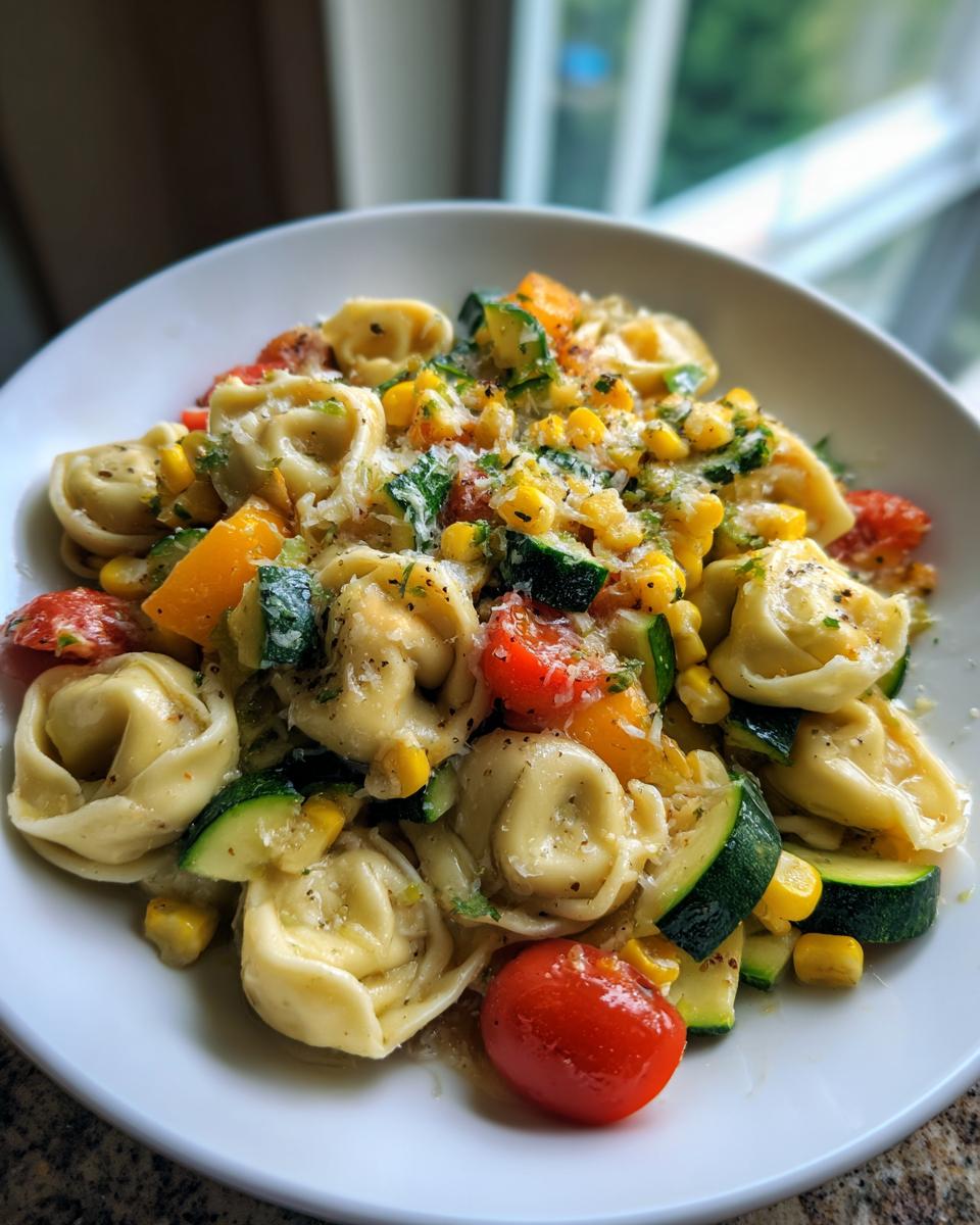 A white bowl filled with Tortellini With Summer Veggies, featuring zucchini, corn, and cherry tomatoes, topped with Parmesan.