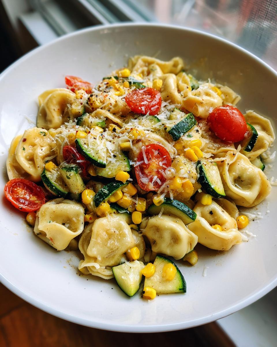 A close-up of a bowl filled with Tortellini With Summer Veggies, featuring zucchini, corn, and cherry tomatoes, topped with Parmesan.