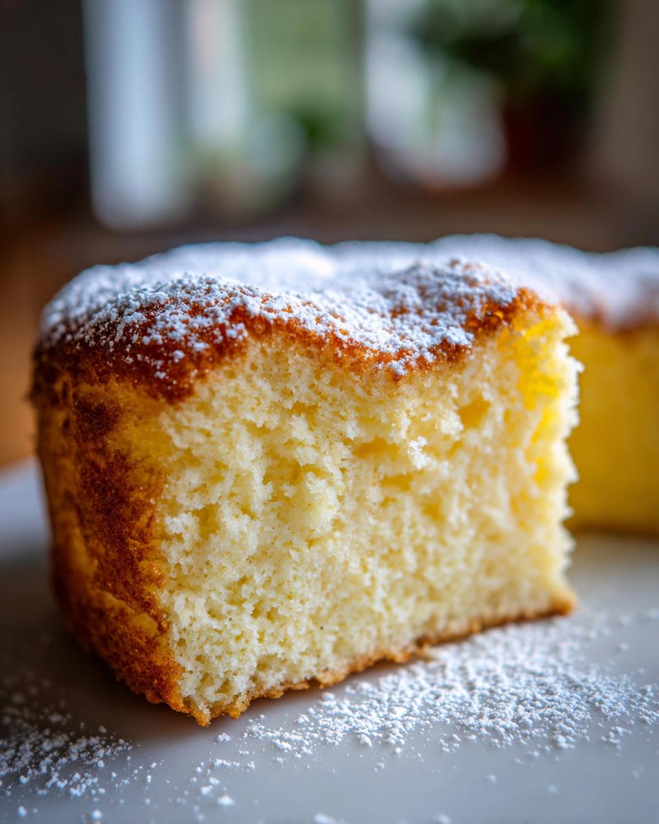 Close-up of a square slice of light, airy Tres Leches Cake dusted with powdered sugar.