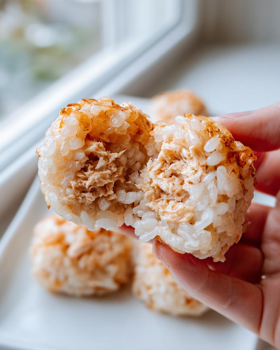 A hand holding a Tuna Mayo Rice Balls cut in half, showing the creamy tuna filling inside the crispy rice exterior.