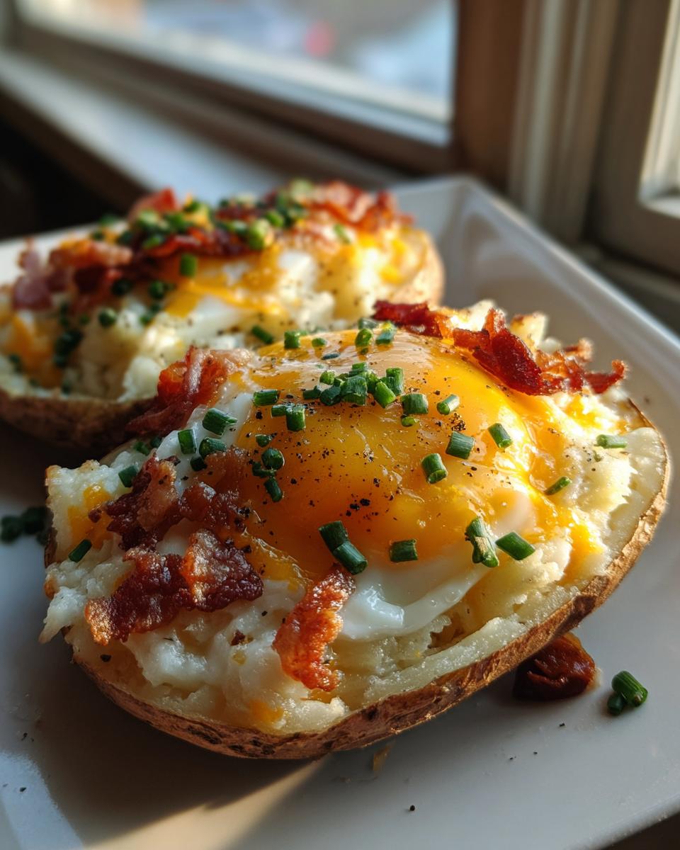 Two Twice Baked Loaded Breakfast Potatoes topped with a sunny-side-up egg, bacon, and chives.