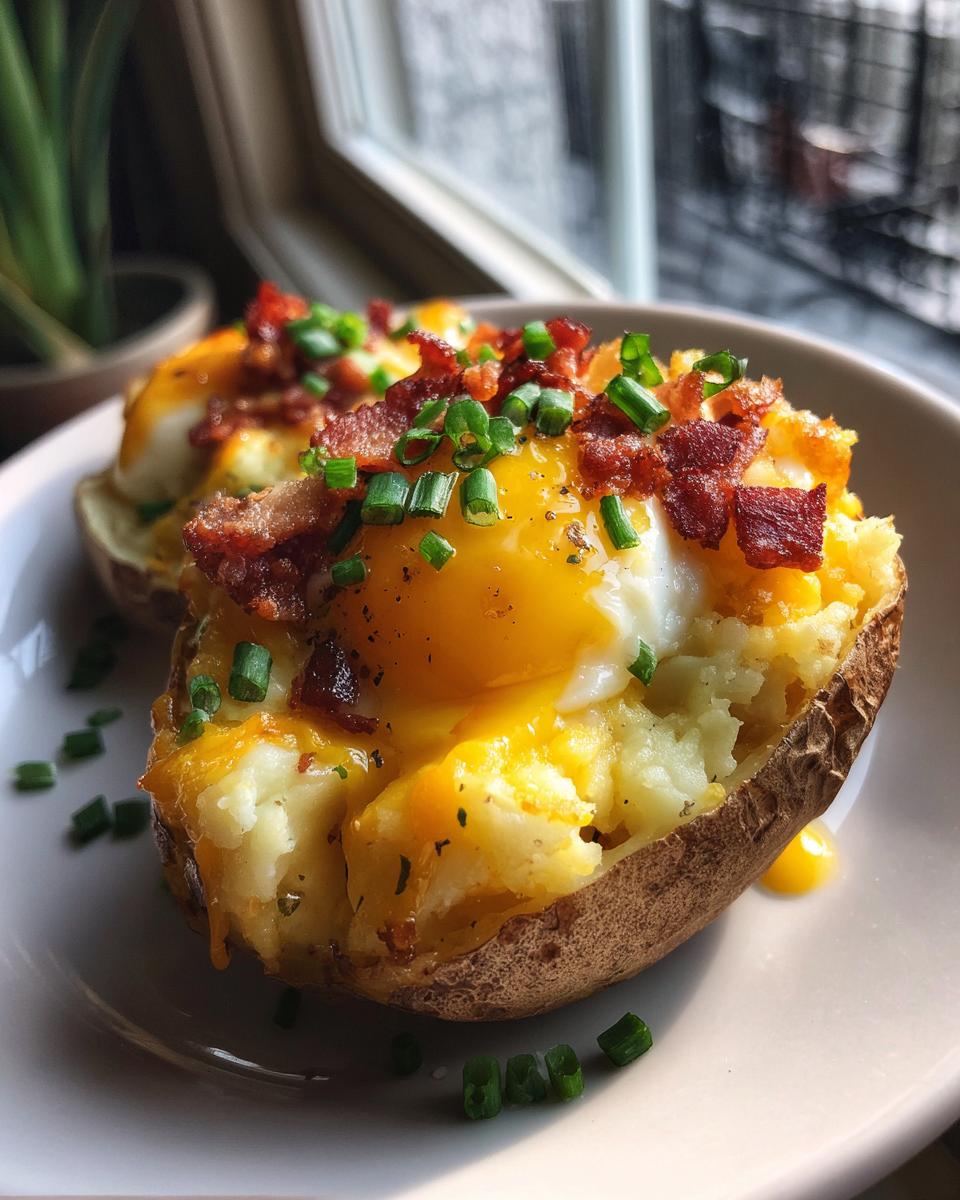 Close-up of Twice Baked Loaded Breakfast Potatoes topped with a runny egg, bacon, and chives.