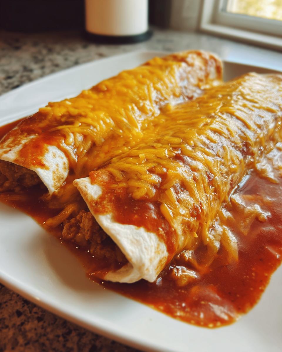 Close-up of two delicious Beef And Cheese Enchiladas smothered in red sauce and melted cheddar cheese.