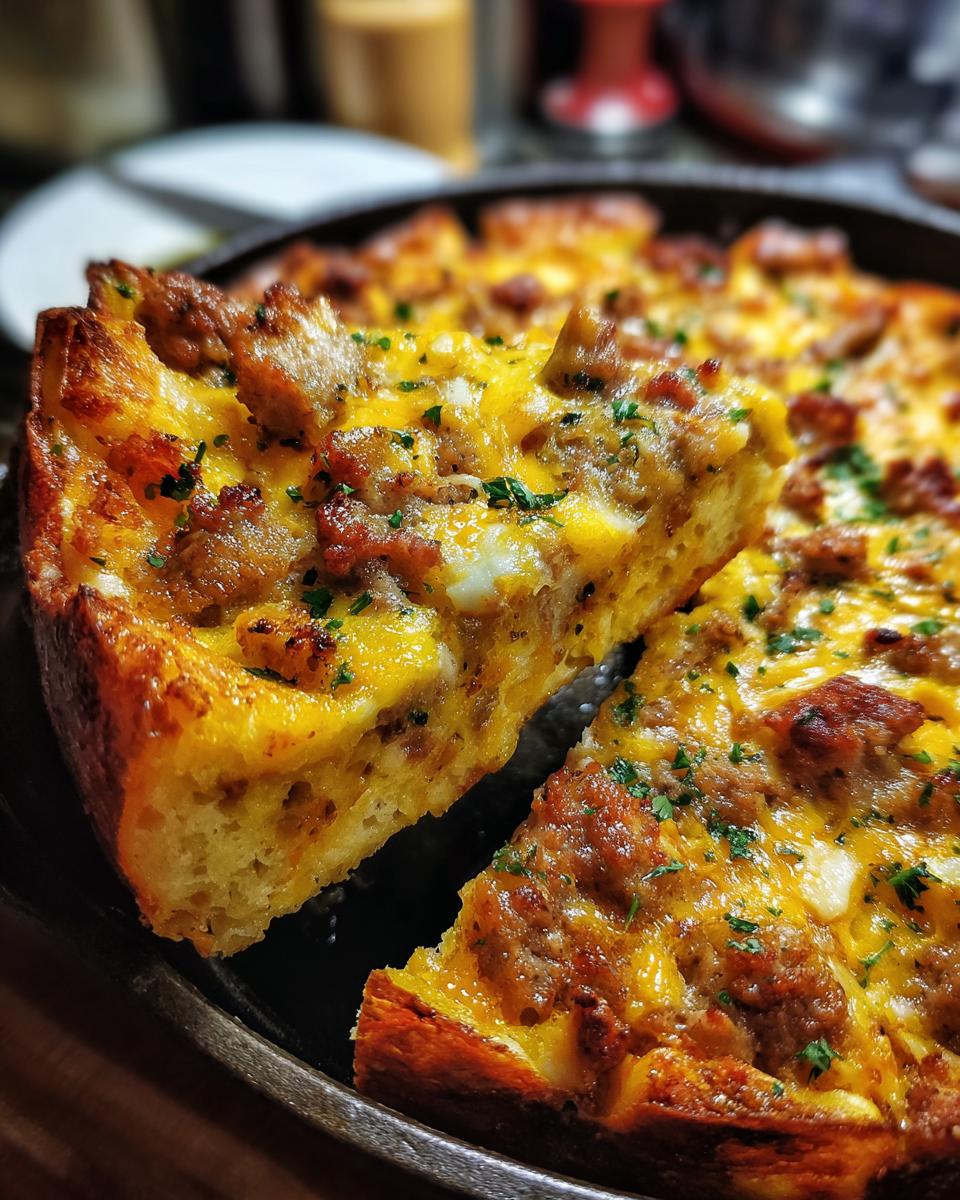 A close-up of a serving being lifted from The Ultimate Overnight Breakfast Lasagna, showing layers of bread, eggs, sausage, and melted cheese.