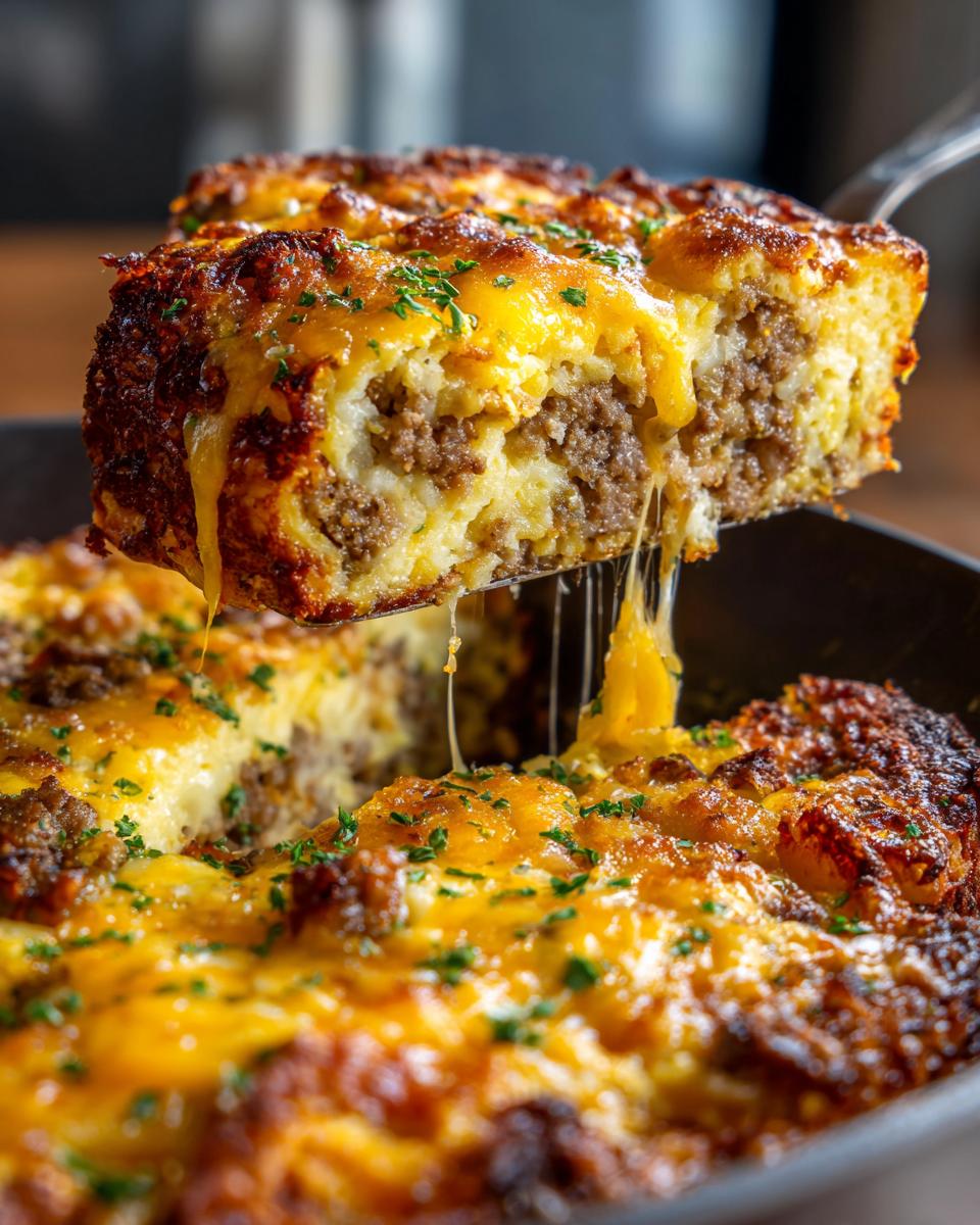 A server lifts a cheesy slice of The Ultimate Overnight Breakfast Lasagna showing melted cheese pulls.