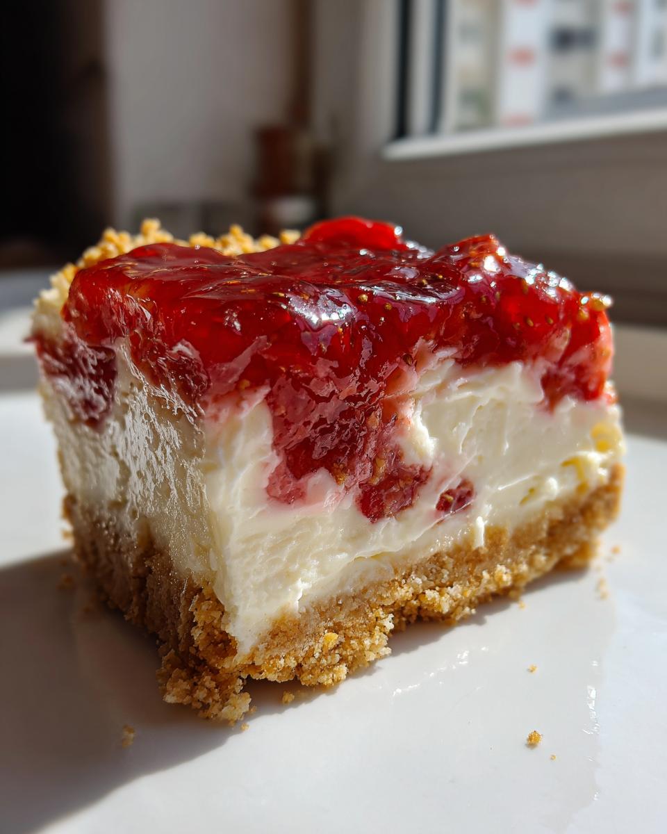 A close-up, sunlit shot of a single serving of Ultimate Strawberry Cheesecake Bars showing the crust, creamy filling, and strawberry topping.