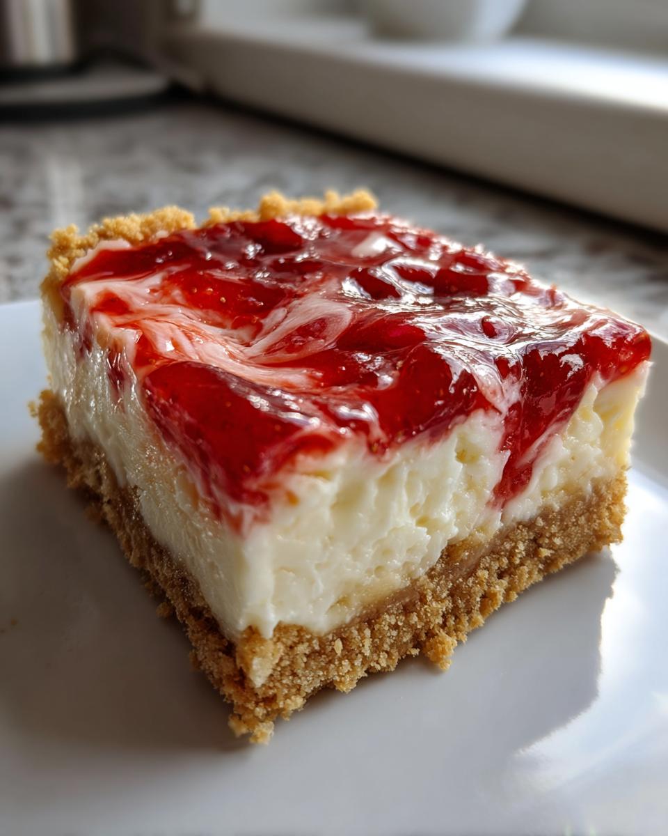 A close-up of a square slice of Ultimate Strawberry Cheesecake Bars with a graham cracker crust and swirled strawberry topping.