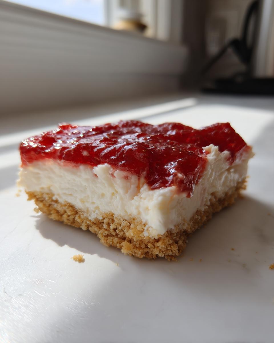 A close-up of one square of Ultimate Strawberry Cheesecake Bars showing the graham cracker crust, creamy filling, and bright red topping.