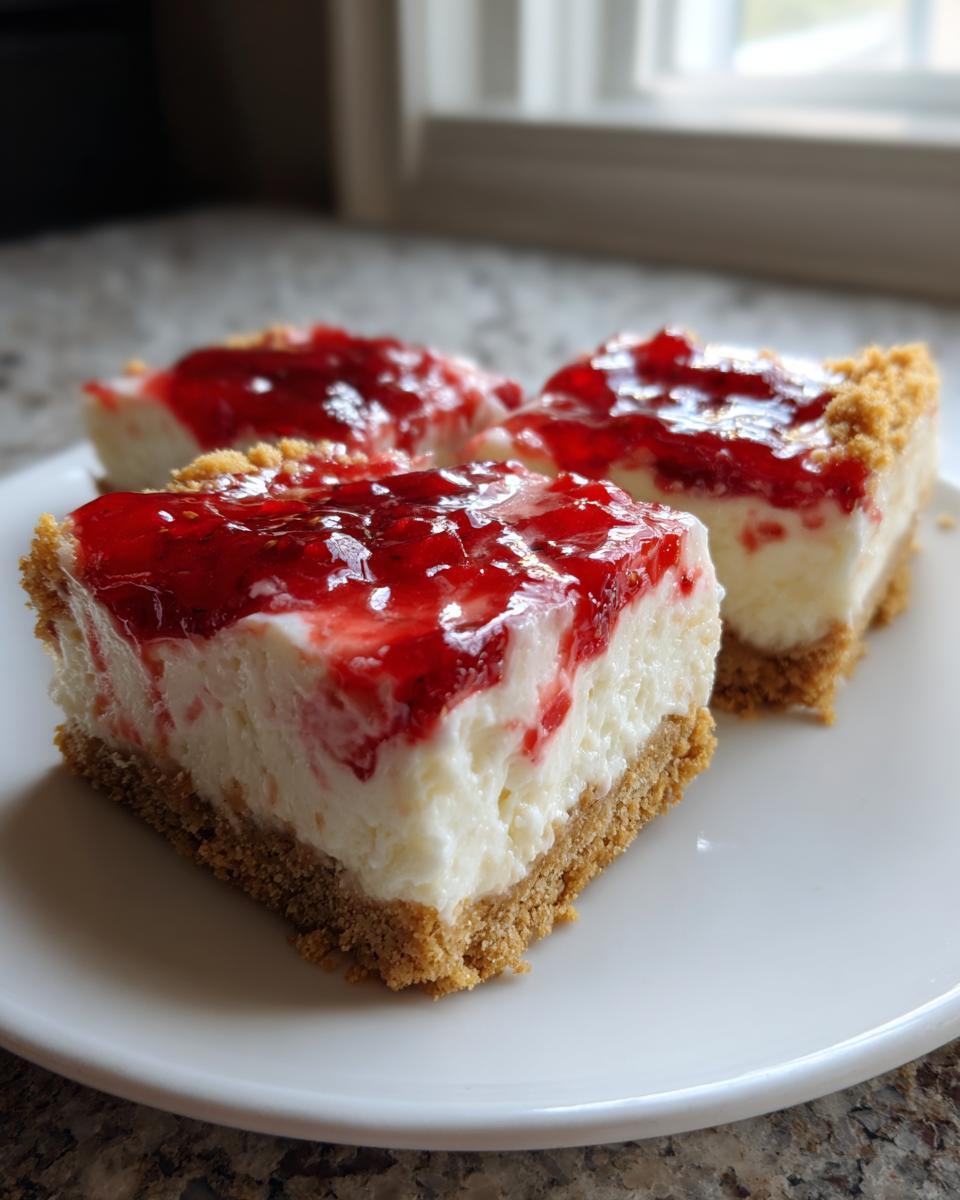 Three squares of Ultimate Strawberry Cheesecake Bars with graham cracker crust and bright red topping.