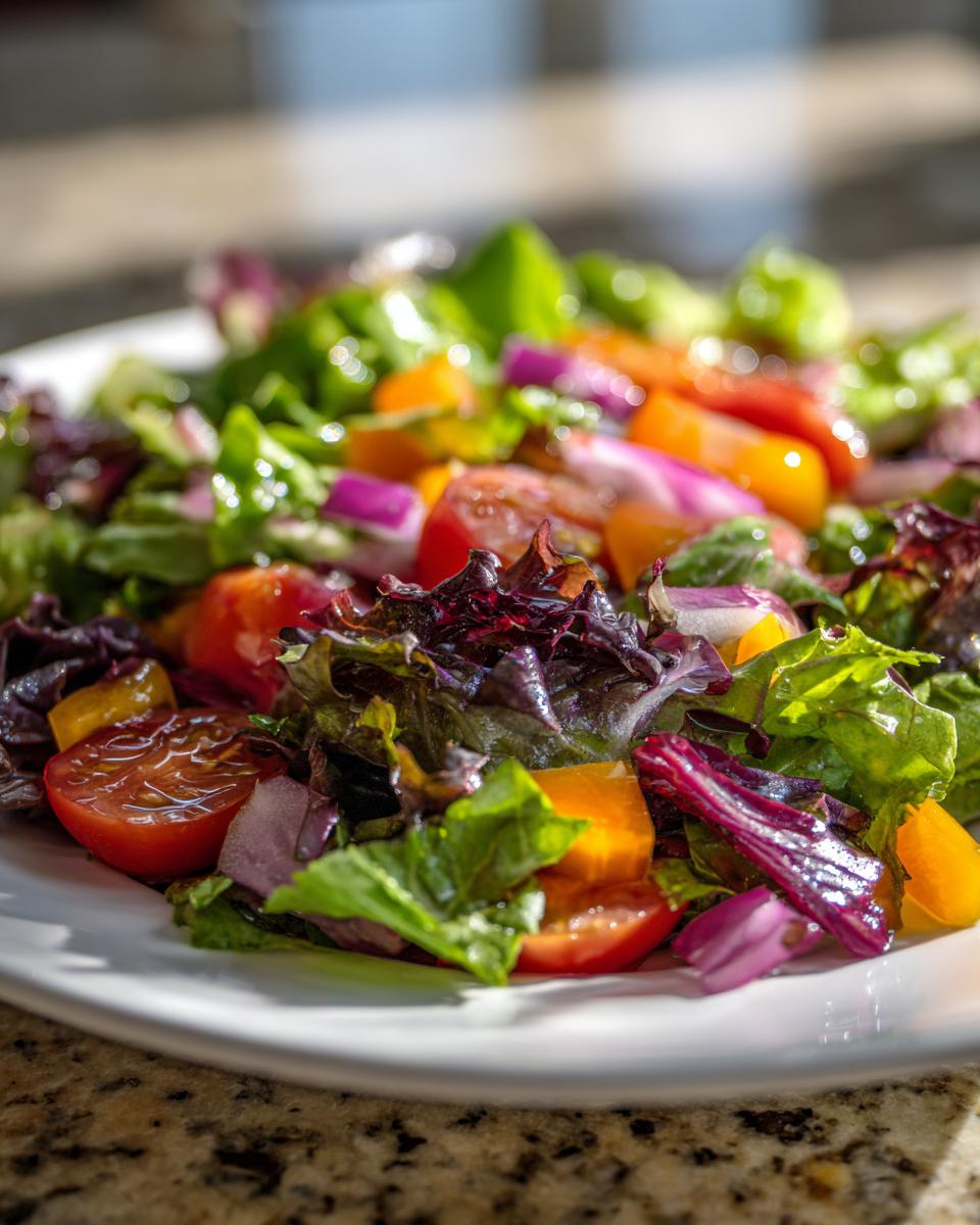 Close-up of a vibrant mixed green salad with cherry tomatoes and red onion, perfect for Nineteen Summer Salad Recipes.