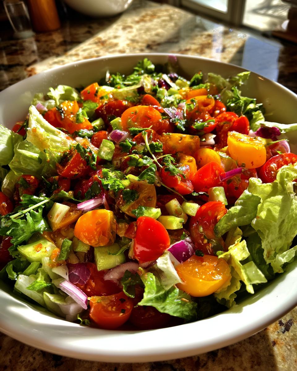 Close-up of a fresh summer salad featuring mixed cherry tomatoes, red onion, and lettuce, perfect for Fathers Day.