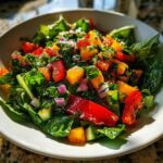 Close-up of a vibrant summer salad with spinach, red and yellow bell peppers, and red onion, perfect for Fathers Day party.
