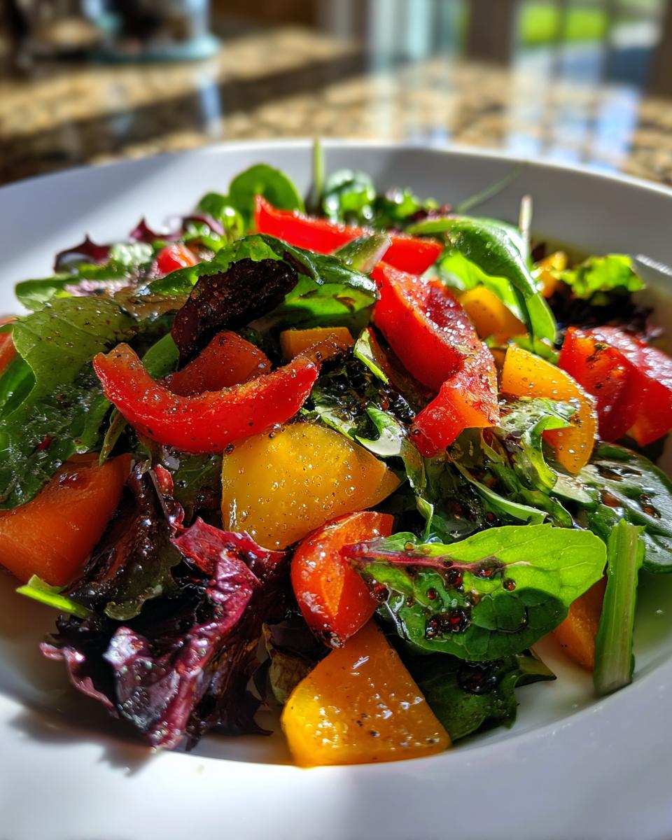 Close-up of a vibrant mixed green salad with red and yellow bell peppers, dressed lightly, perfect for one of the Nineteen Summer Salad Recipes.