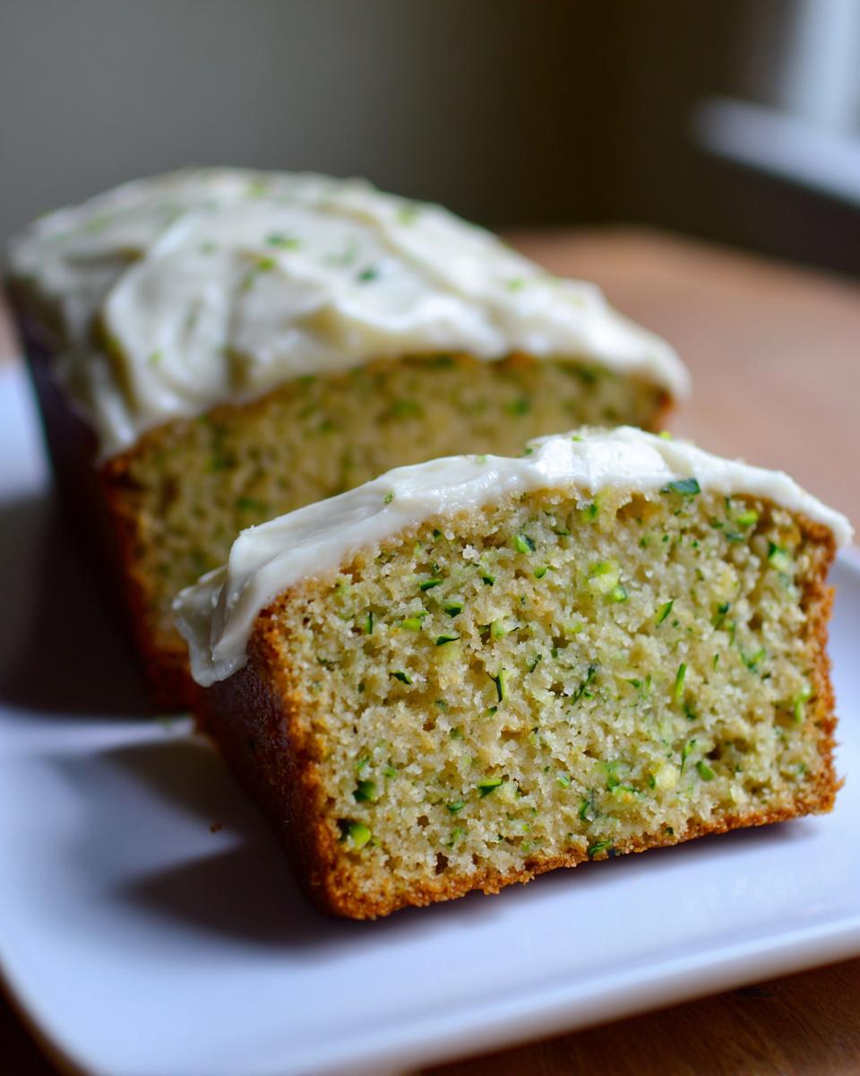 Close-up of a slice of moist Zucchini Cake With Cream Cheese frosting on a white plate.