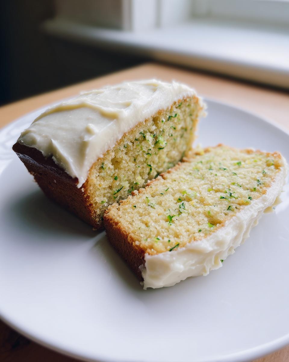A slice and a partial loaf of moist Zucchini Cake With Cream Cheese frosting on a white plate.