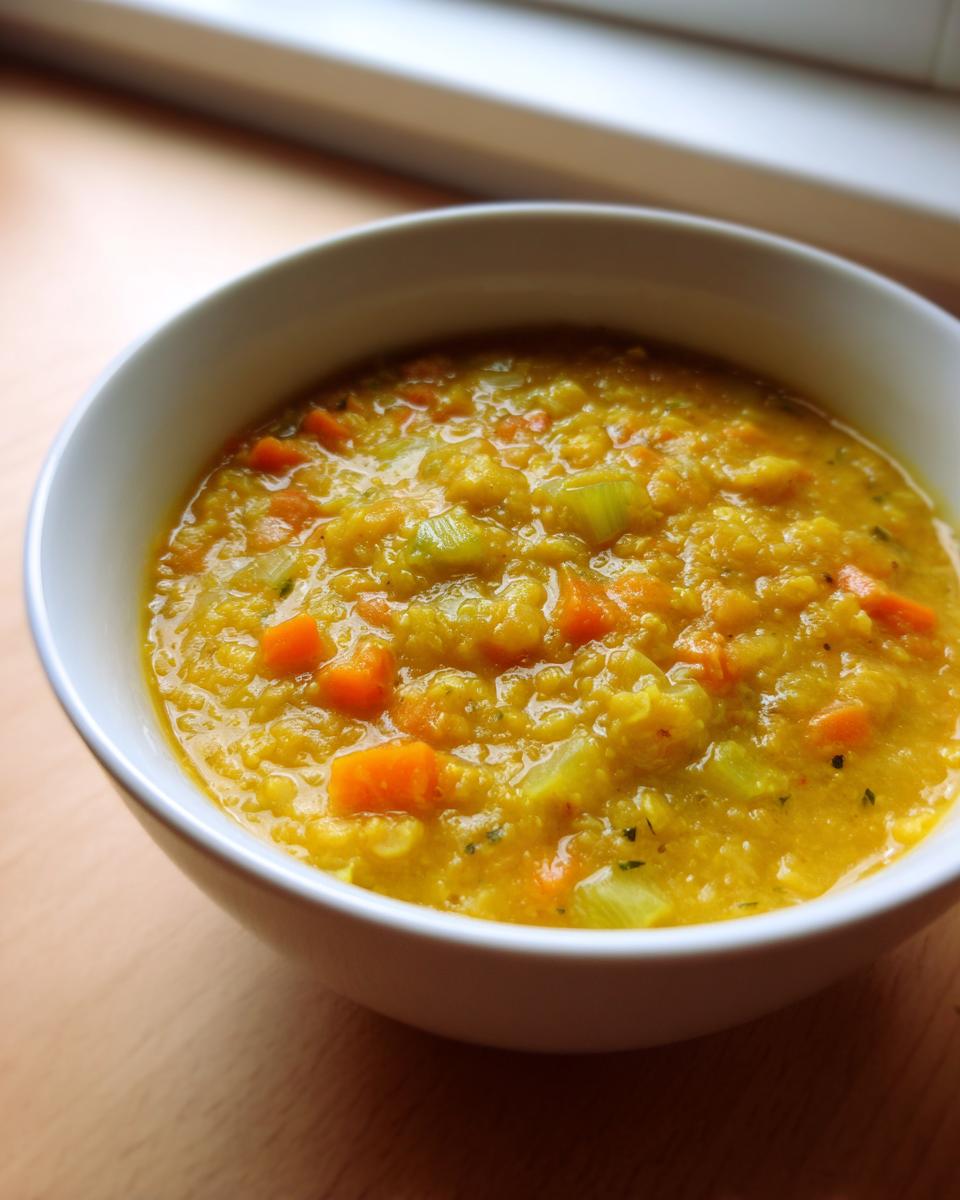 Close-up of a thick, yellow red Lentil Soup with visible chunks of carrots and celery in a white bowl.