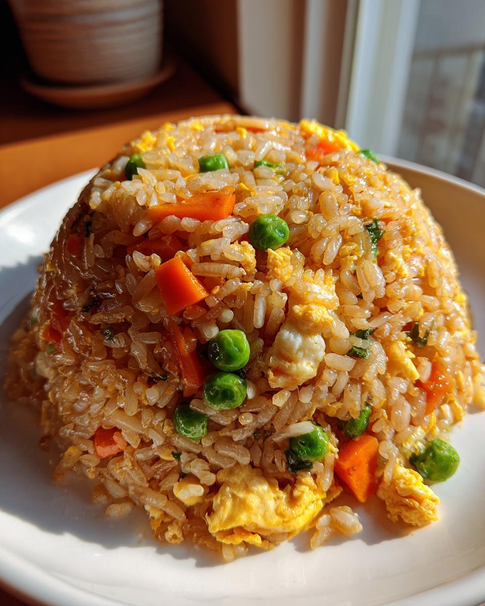 A dome-shaped serving of flavorful Chicken Fried Rice with visible pieces of scrambled egg, carrots, and peas.