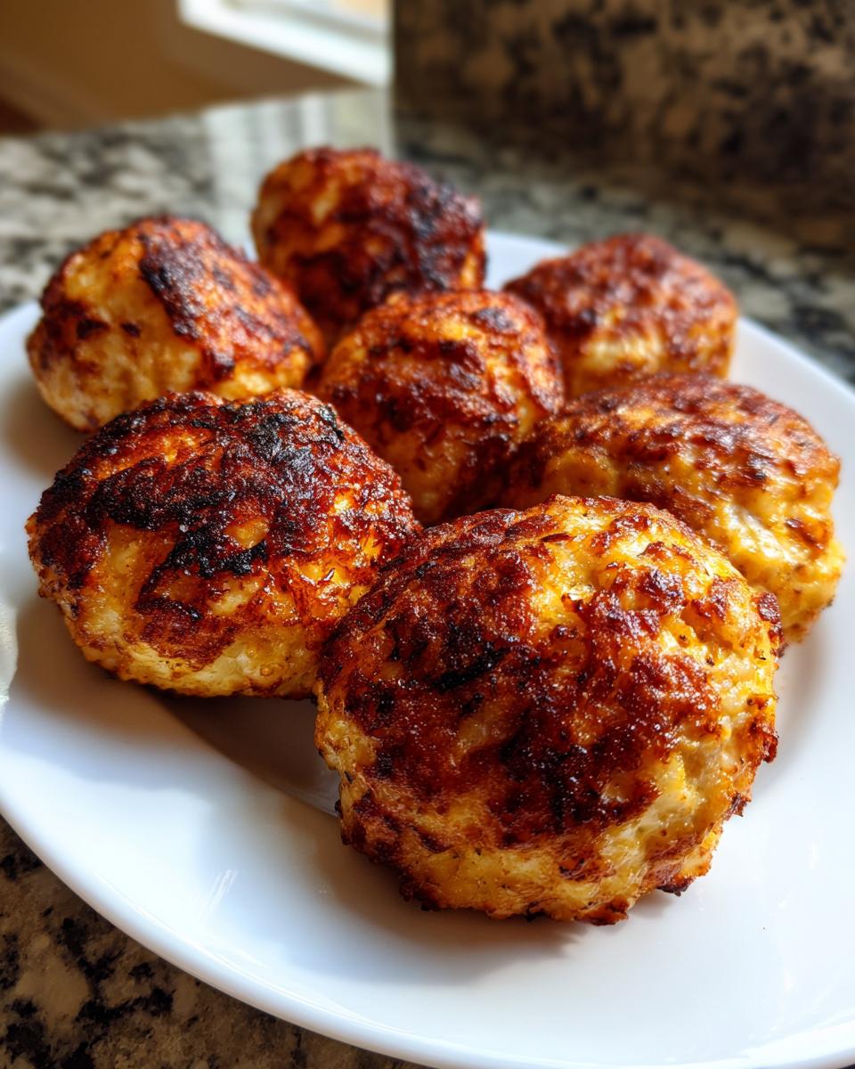 A close-up of several golden-brown, slightly charred Air Fryer Turkey Meatballs served on a white plate.