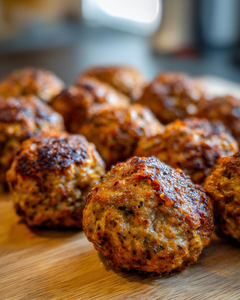 Close-up of several golden-brown Air Fryer Turkey Meatballs resting on a wooden cutting board.