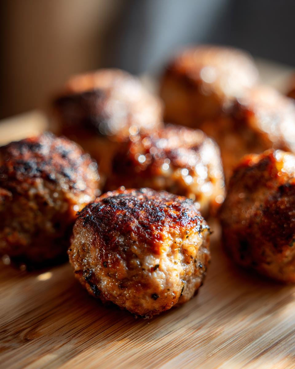 Close-up of several browned Air Fryer Turkey Meatballs resting on a wooden cutting board.