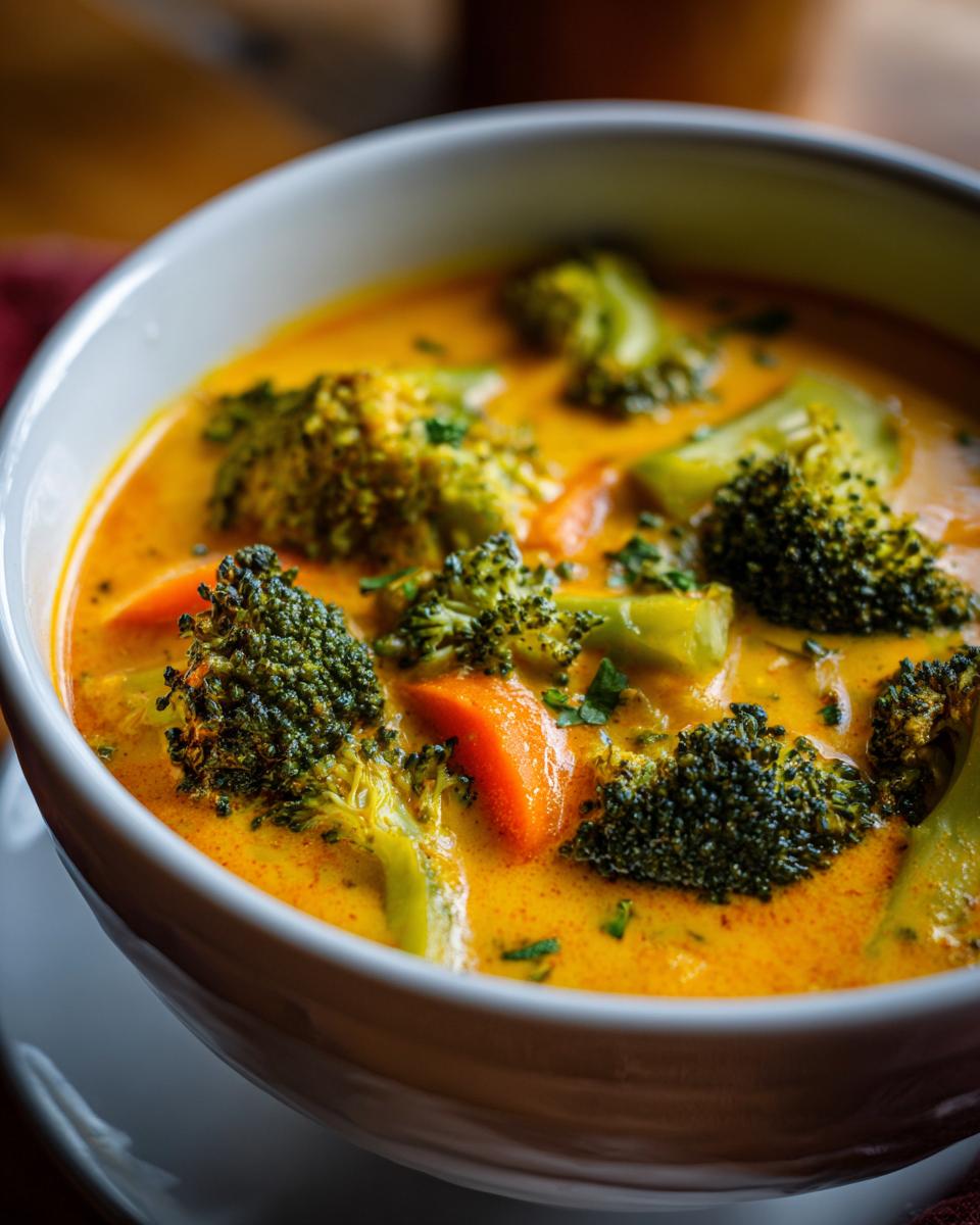 Close-up of a bowl of rich, orange-hued Broccoli Cheddar Soup featuring large florets of broccoli and sliced carrots.
