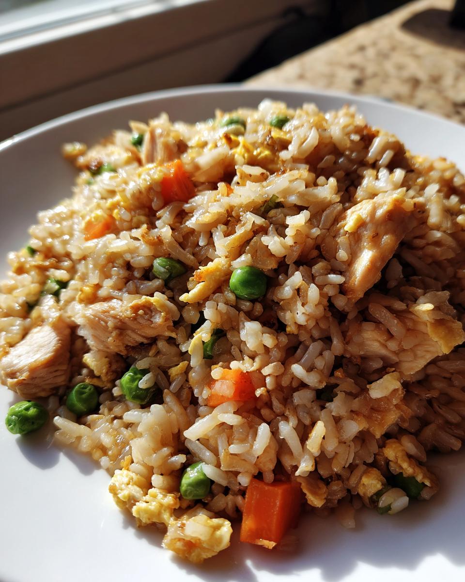 Close-up of a white plate filled with flavorful Chicken Fried Rice, featuring chunks of chicken, bright green peas, and diced carrots.
