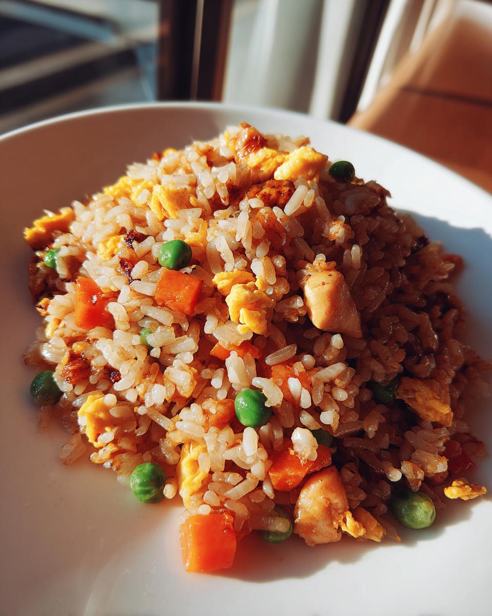 A close-up of a white bowl filled with savory Chicken Fried Rice, featuring rice, scrambled egg, peas, and diced carrots.