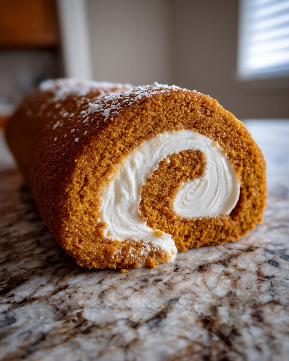 A close-up of a freshly baked Pumpkin Roll, showing the swirl of orange cake and white cream cheese filling, dusted with powdered sugar.
