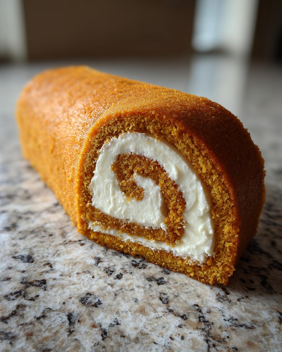 A close-up view of a freshly baked Pumpkin Roll showing the vibrant orange cake spiraled around a thick layer of white cream cheese filling.