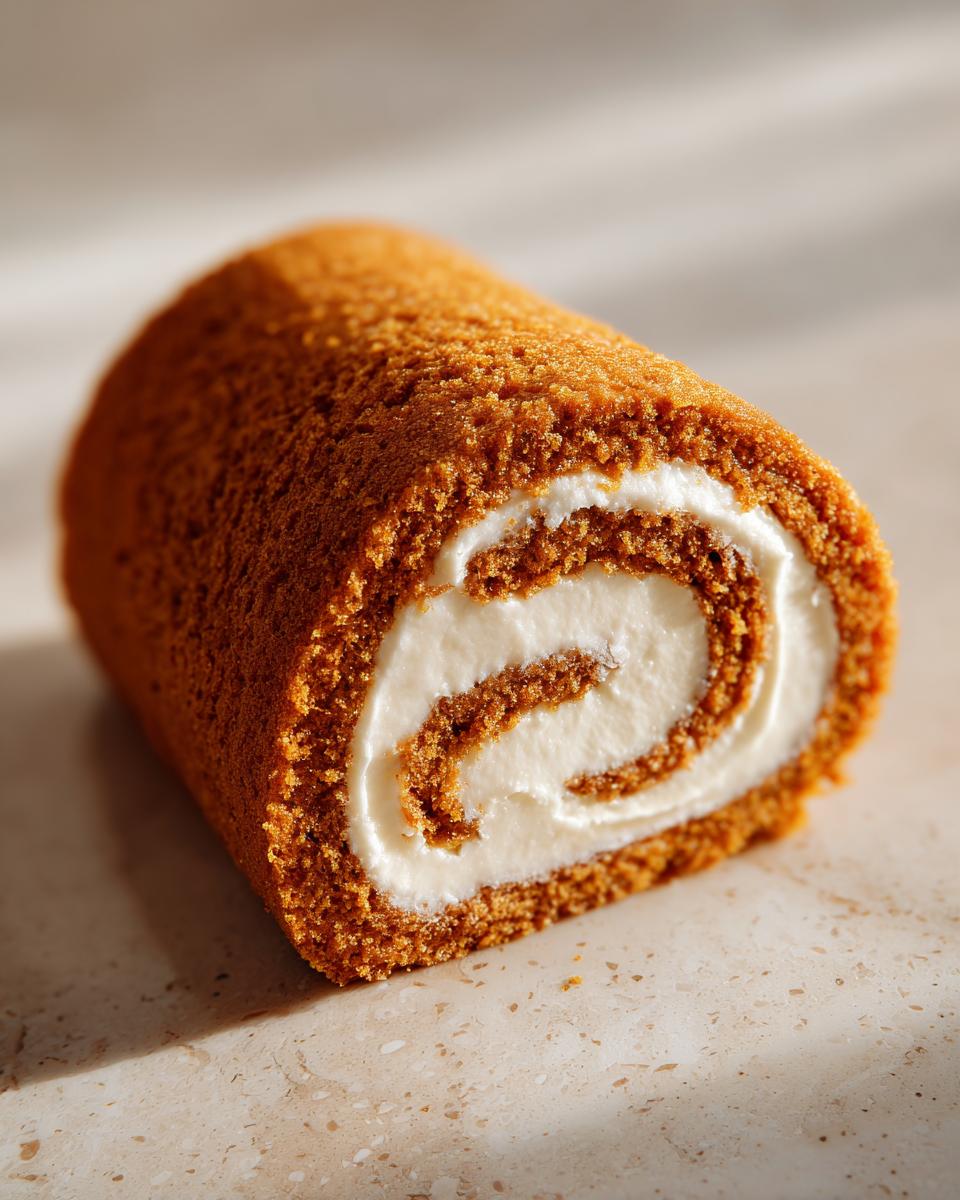 A close-up, appetizing view of a freshly baked Pumpkin Roll showing the swirl of orange cake and white cream cheese filling.