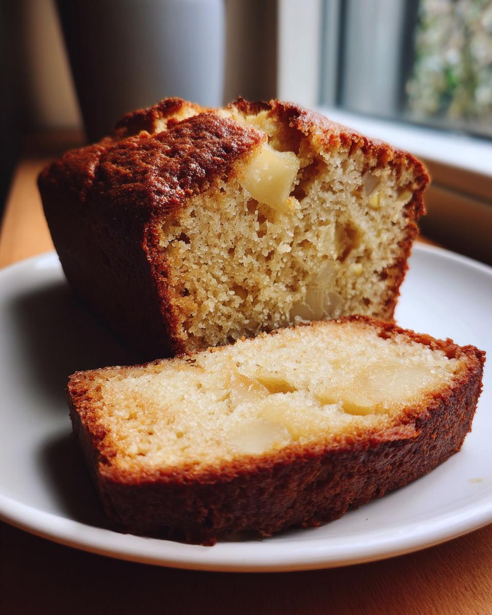 A close-up of a slice cut from an Apple Bread loaf, showing moist crumb and chunks of apple.