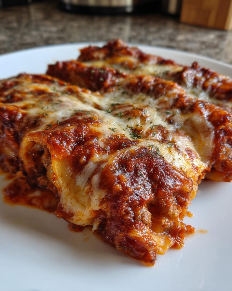 Close-up of baked cannelloni tubes covered in rich tomato sauce and melted mozzarella cheese, part of various Cannelloni Recipes.