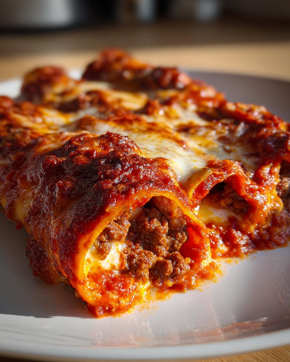 Close-up of baked cannelloni recipes filled with meat sauce, topped with melted mozzarella and rich tomato sauce.