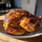 A whole, beautifully roasted turkey with golden brown, crispy, herb-crusted skin, ready to serve.