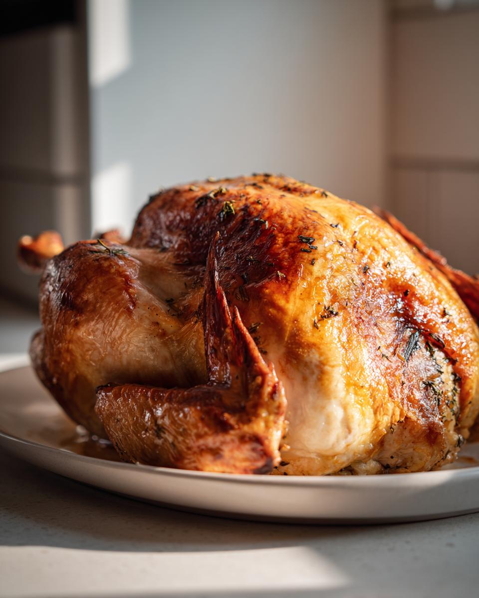 A beautifully golden brown, juicy roast turkey, seasoned with herbs, resting on a white platter.