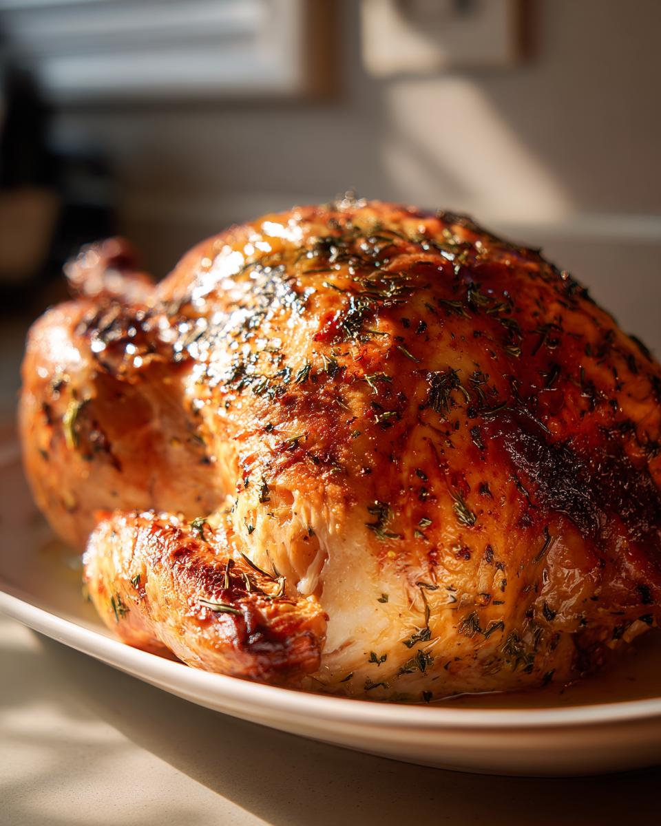A perfectly cooked, glistening roast turkey with crispy, herb-rubbed skin, ready to serve for the Best Roast Turkey.