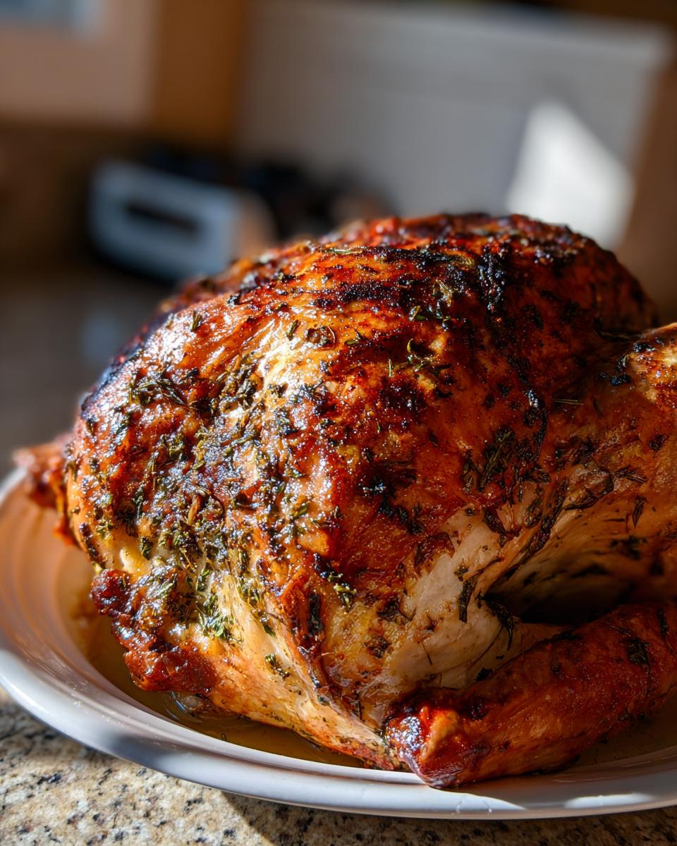 Close-up of a whole, perfectly roasted turkey with crispy, herb-rubbed skin, ready to serve for the Best Roast Turkey.