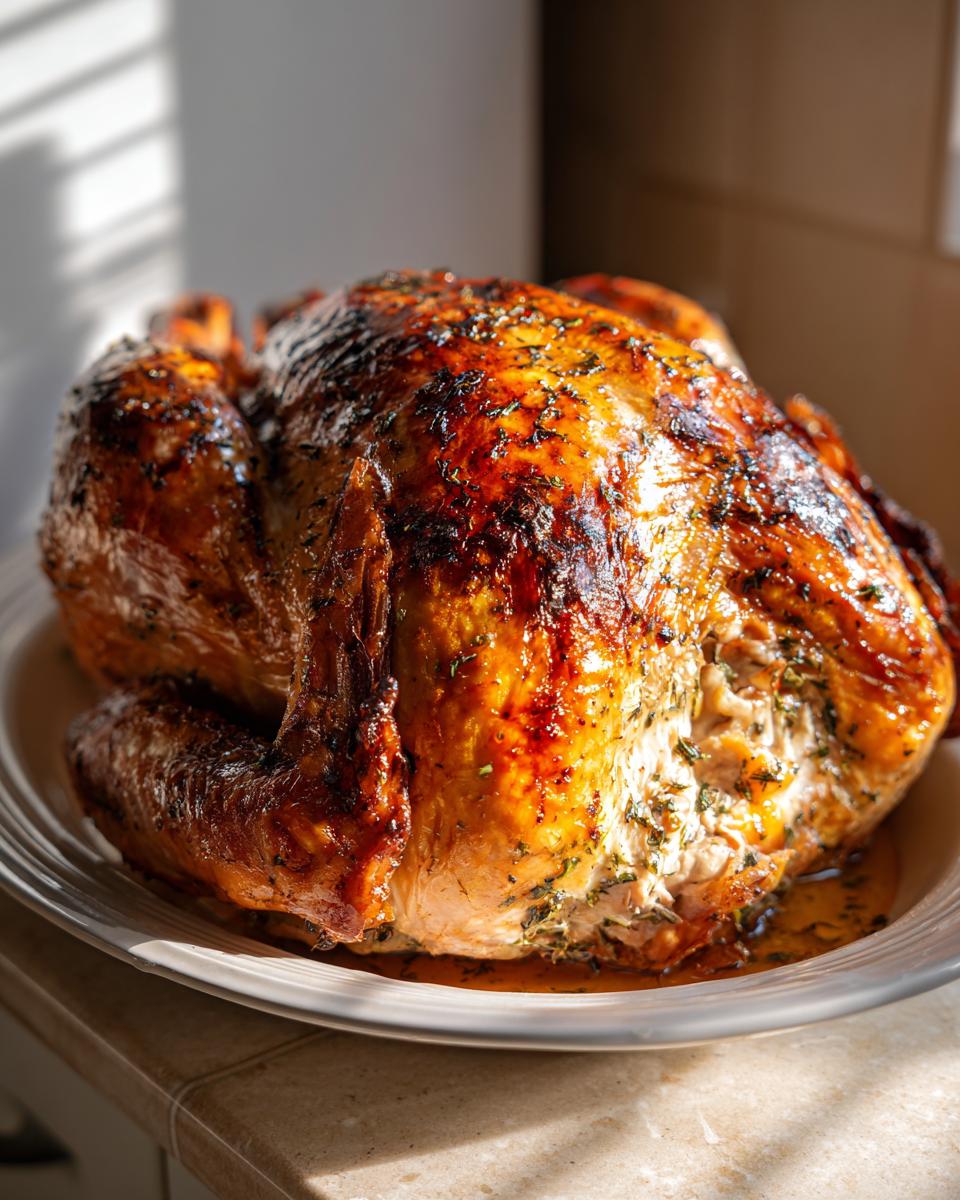 A whole, perfectly roasted turkey with deeply browned, crispy, herb-rubbed skin resting on a white platter.