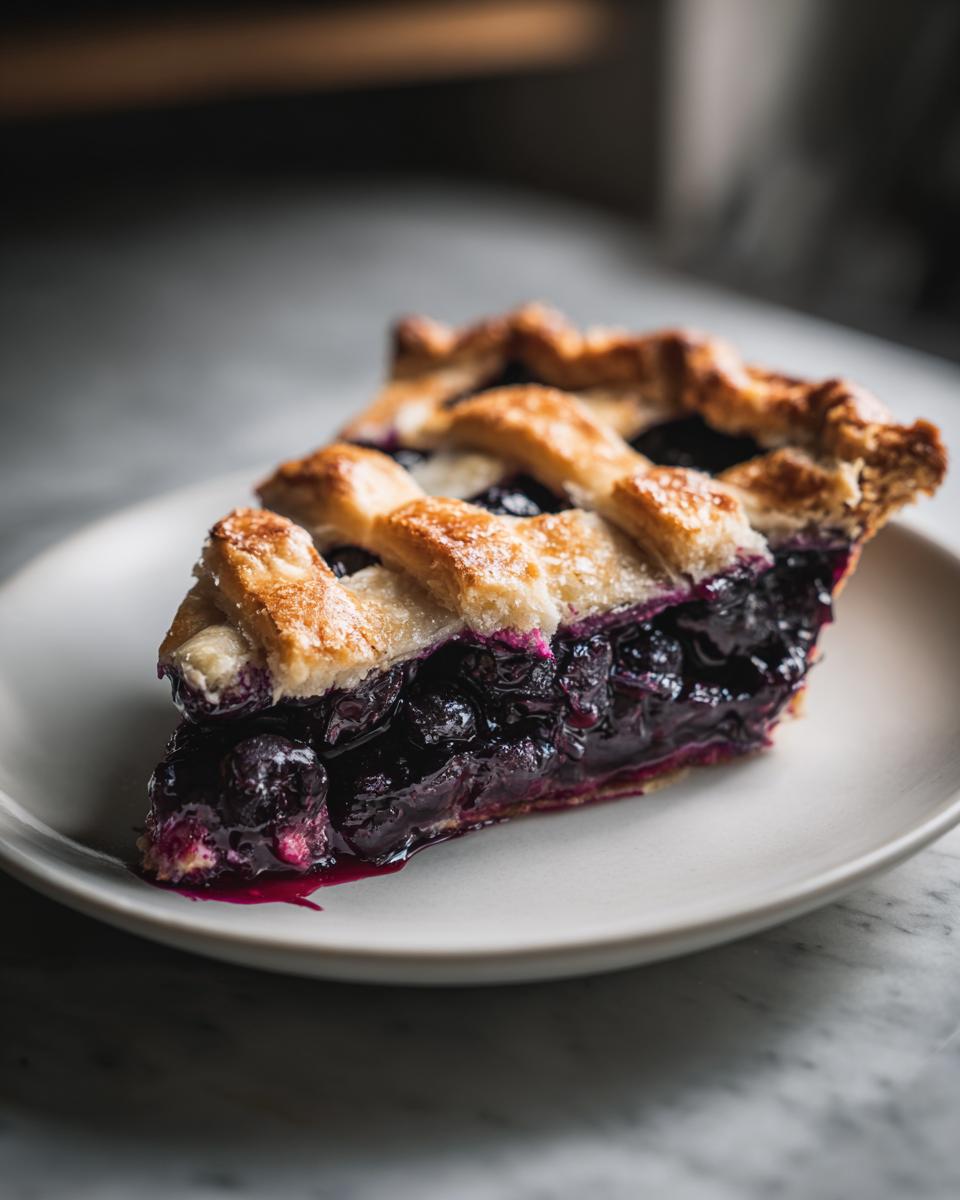 A close-up of a juicy slice of Blueberry Pie With Lattice Crust on a white plate.