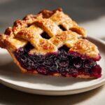 A close-up shot of a perfect slice of Blueberry Pie With Lattice Crust, showing juicy filling and golden pastry.