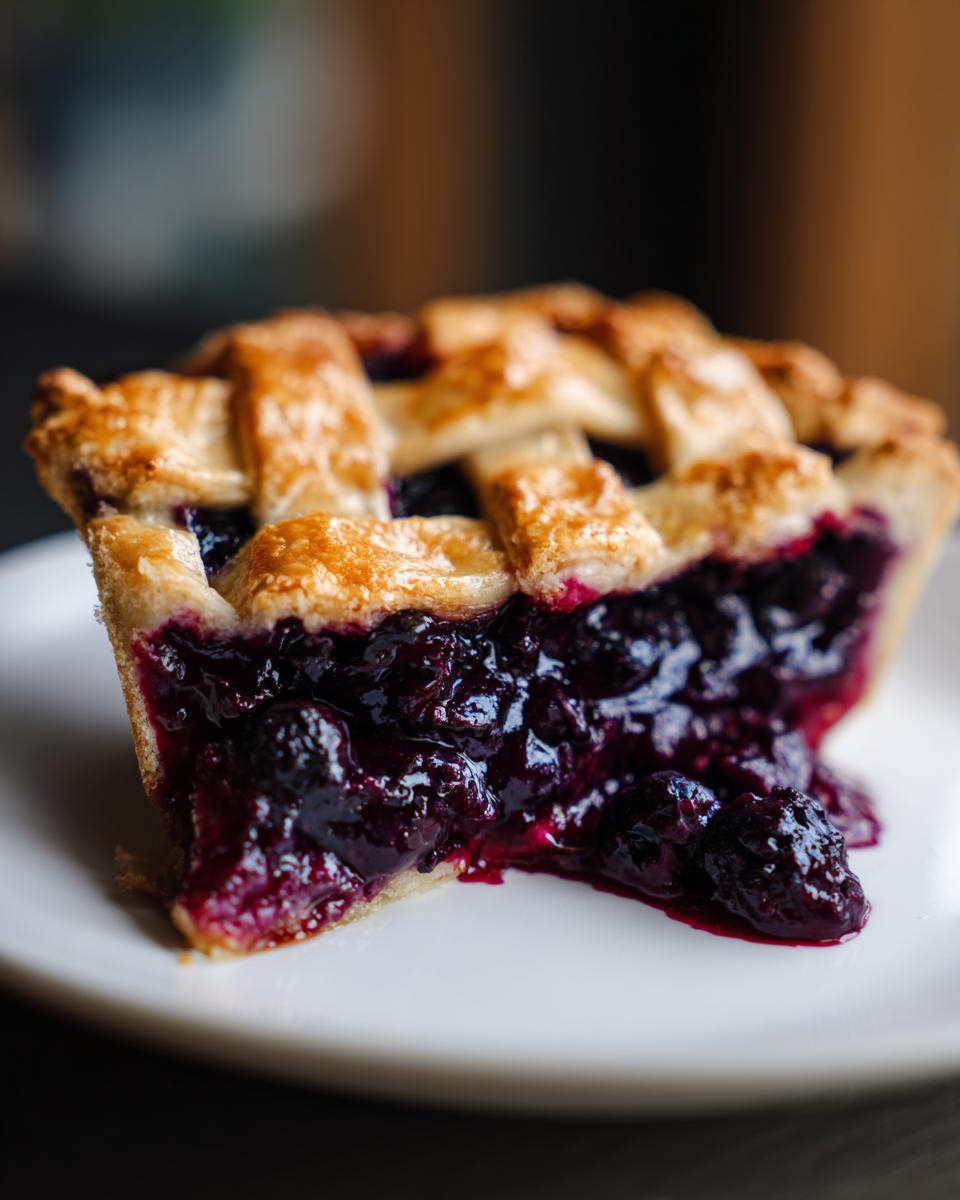 Close-up of a thick slice of Blueberry Pie With Lattice Crust showing gooey, dark blueberry filling spilling onto a white plate.