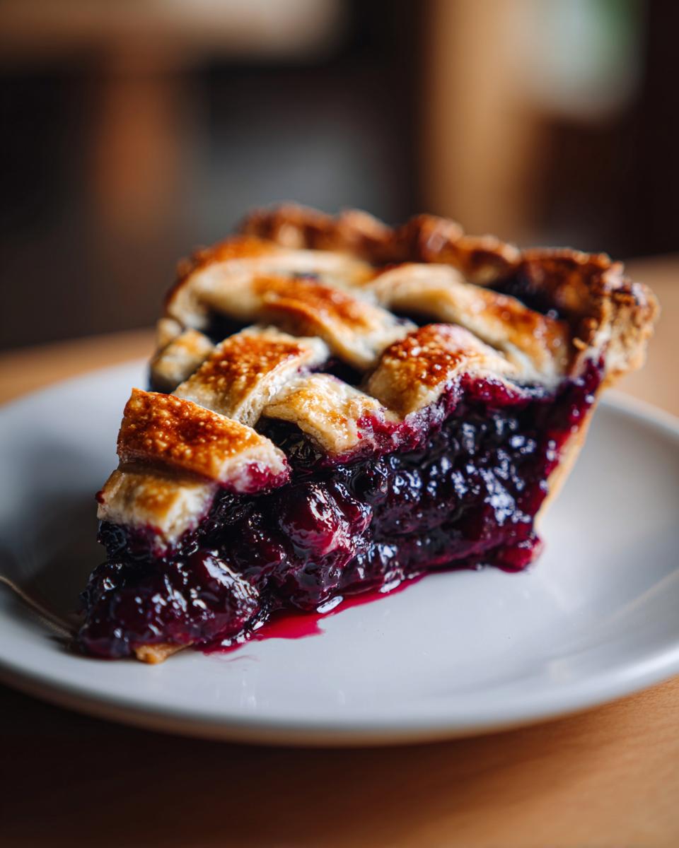 A close-up of a juicy slice of Blueberry Pie With Lattice Crust on a white plate.