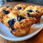 Four golden brown blueberry sugar free muffins with a crumbly streusel topping served on a white platter.