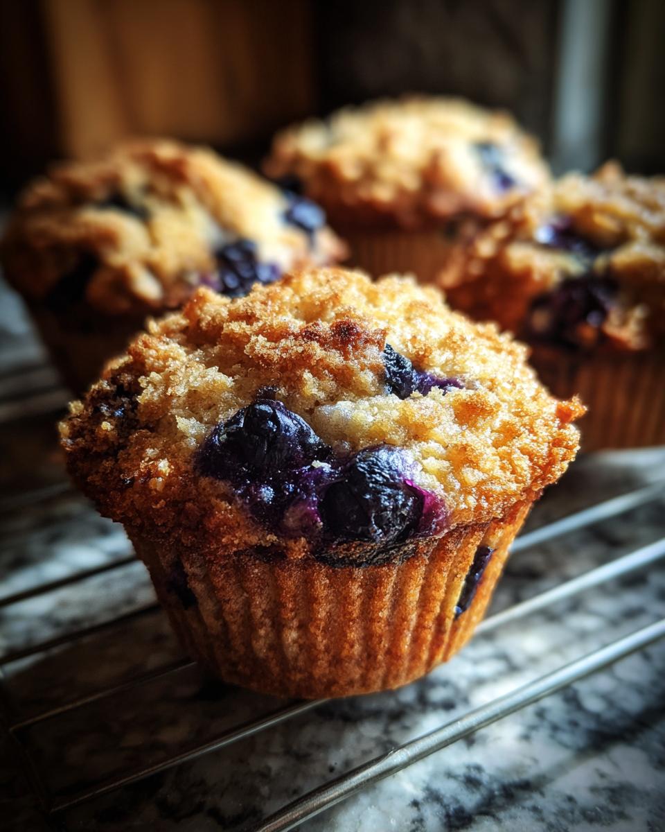 A close-up of a fresh blueberry sugar free muffin with a golden streusel topping cooling on a wire rack.