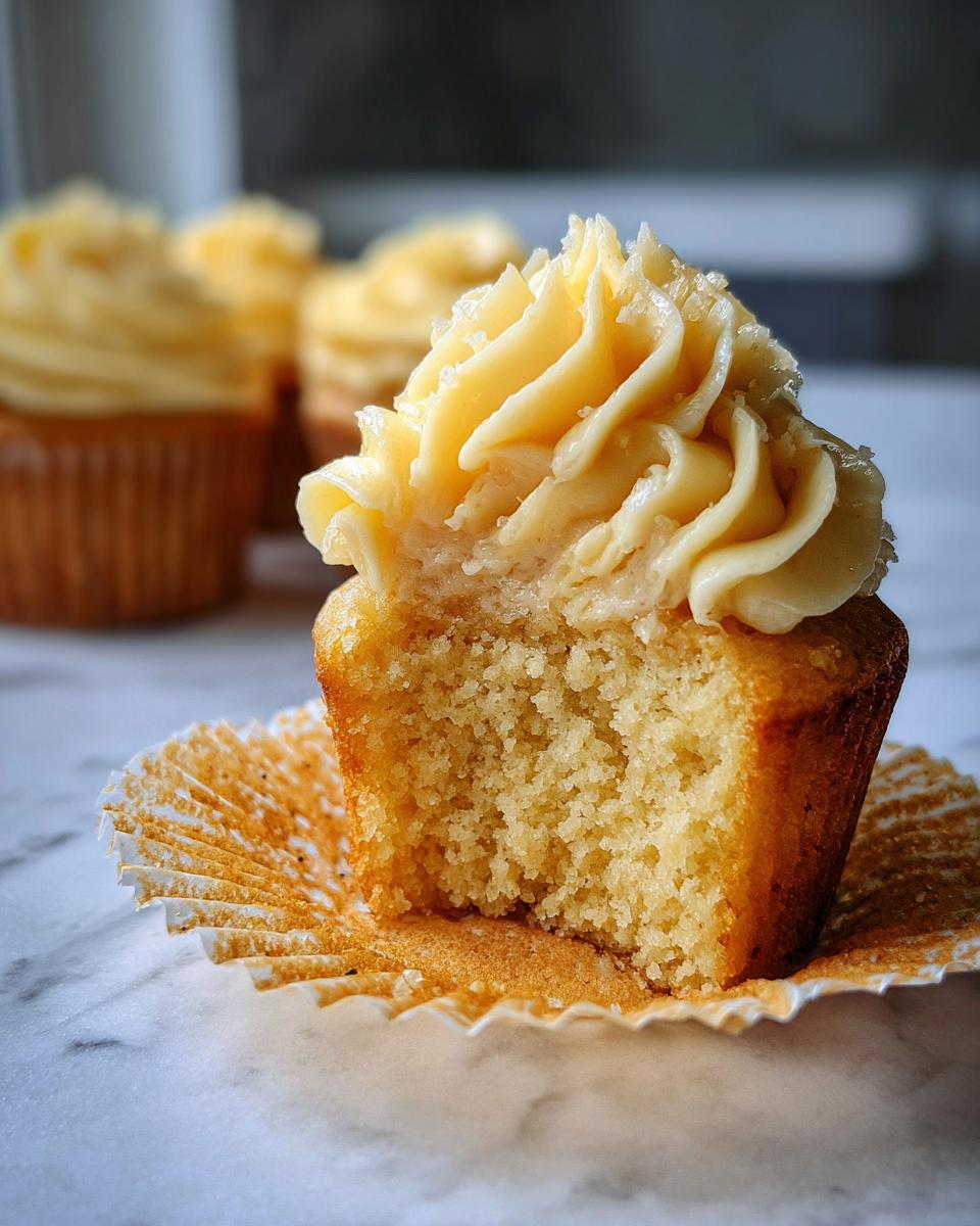 A boozy cupcake cut in half showing the moist crumb and thick, yellow buttercream frosting.