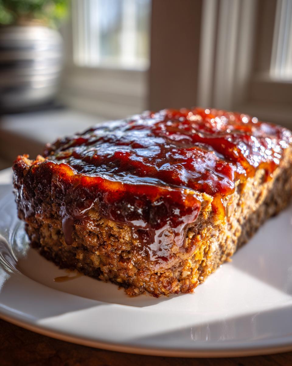 Close-up of a slice of moist Bourbon Glaze Meatloaf topped with a thick, shiny, dark red glaze, sitting on a white plate.