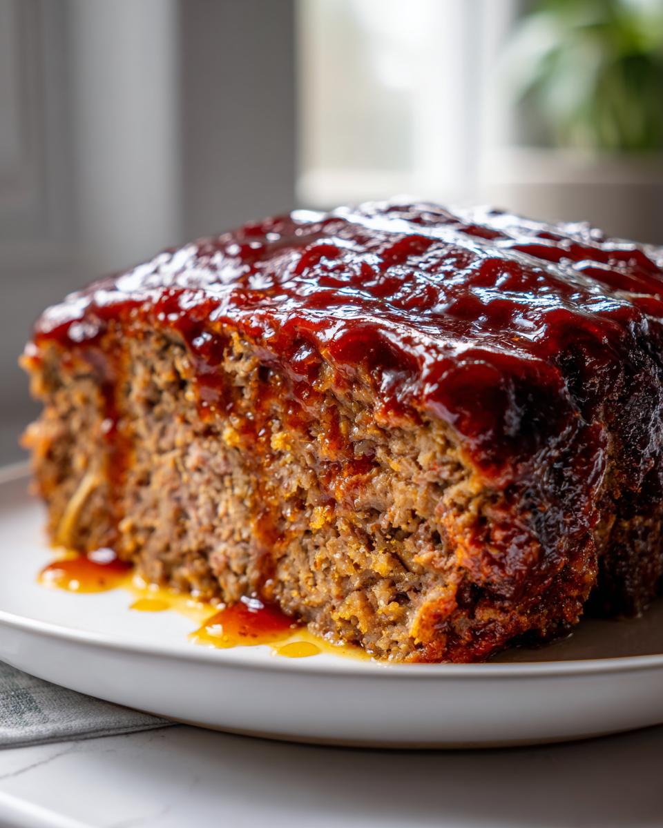 Close-up of a thick slice of moist Bourbon Glaze Meatloaf topped with a rich, glossy, dark red glaze.