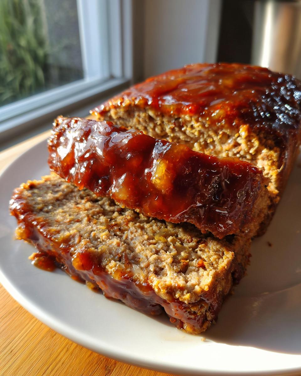 Two thick slices of Bourbon Glaze Meatloaf served on a white plate, covered in a thick, glossy glaze.